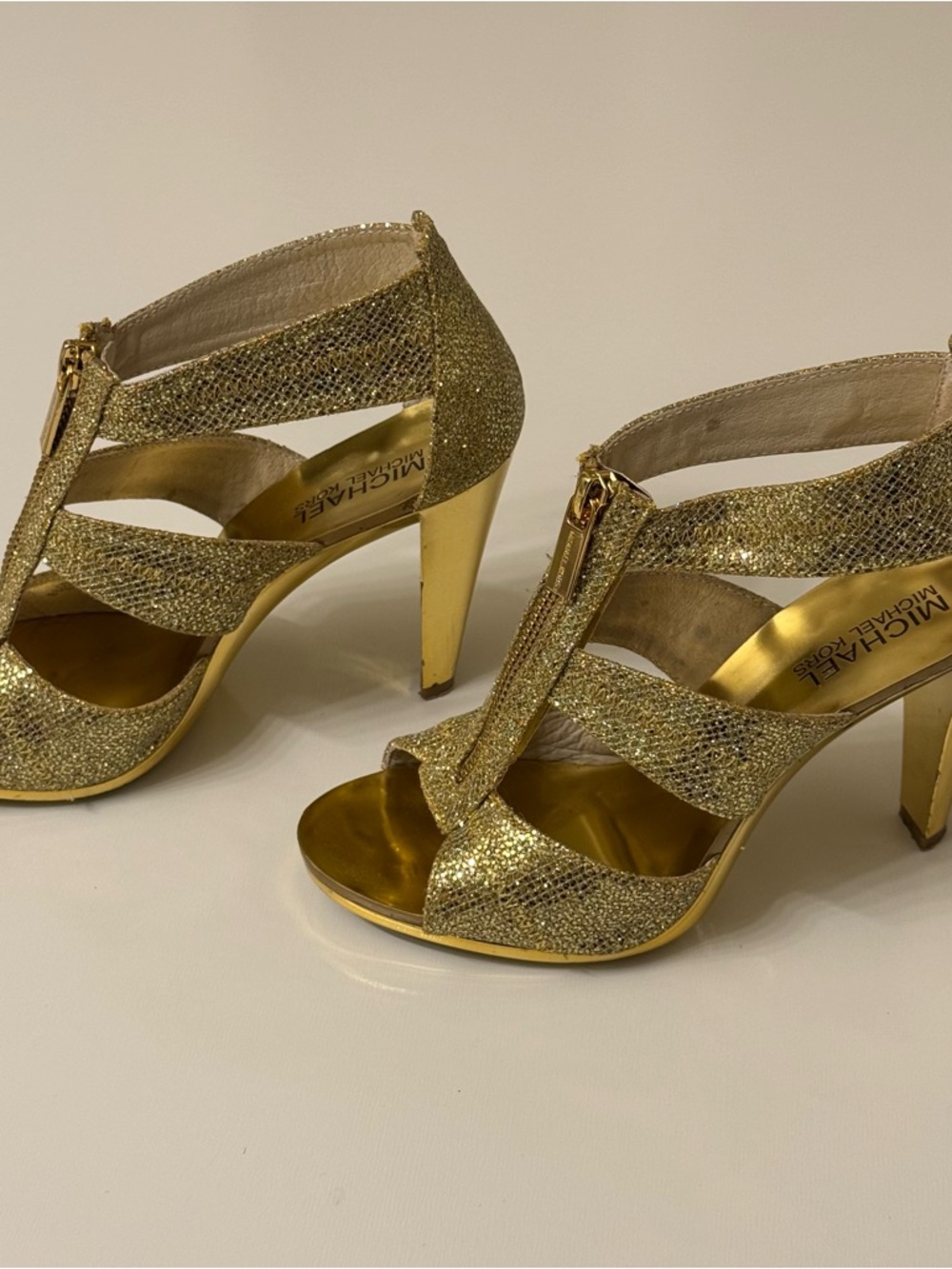 Michael Kors Glitter Gold Strappy Zip High Heels Size 6 - Picture 4 of 9